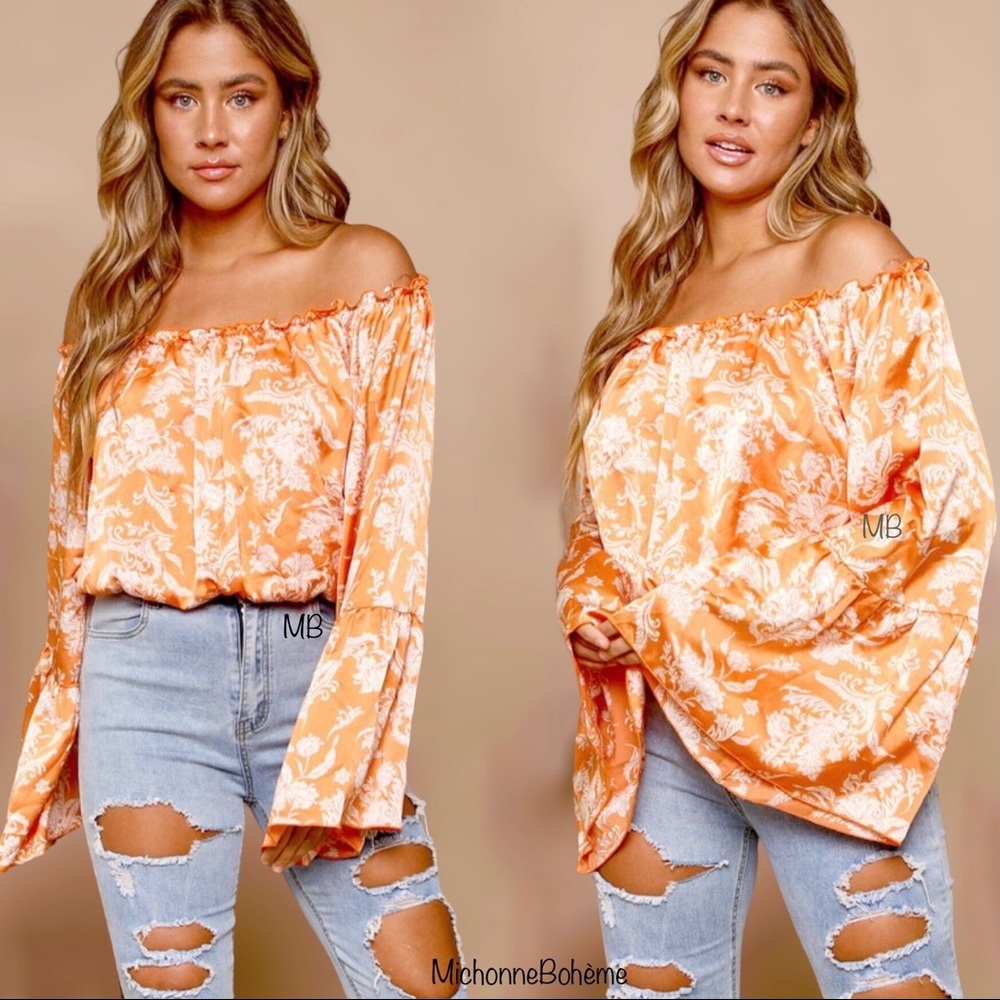 Orange Spring Floral Crop Top Blouse - Picture 4 of 11